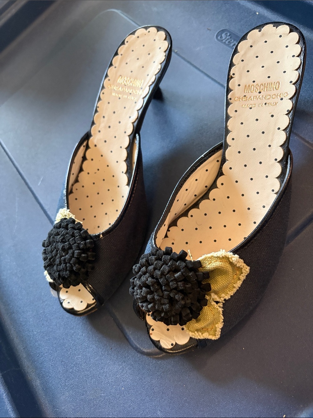 Moschino Black Open-Toe Mules with Black Pom and Gold Floral Accent